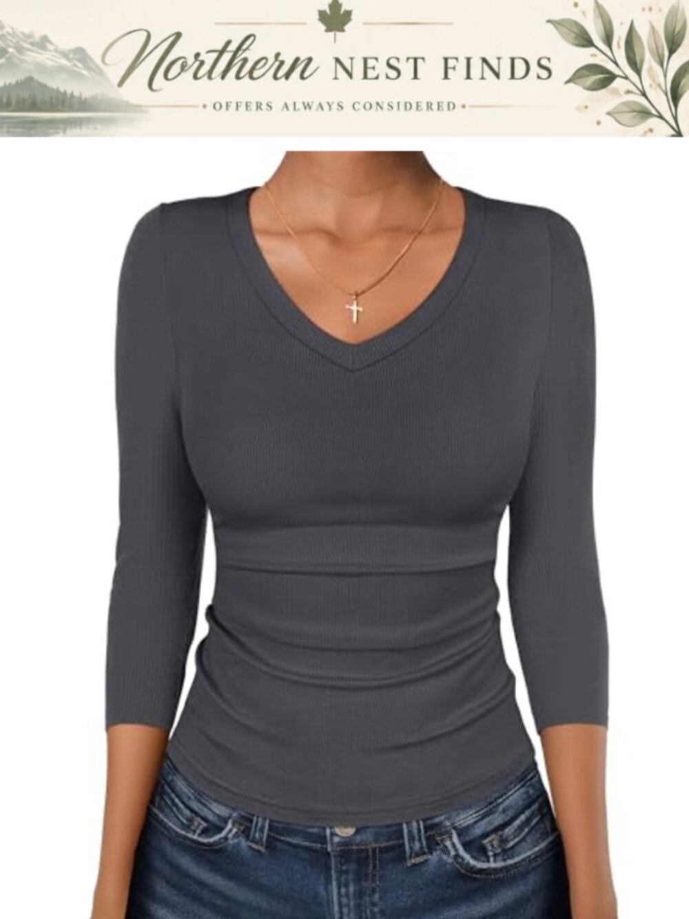 3/4 Sleeve V Neck Ribbed Knit Slim Fitted Top